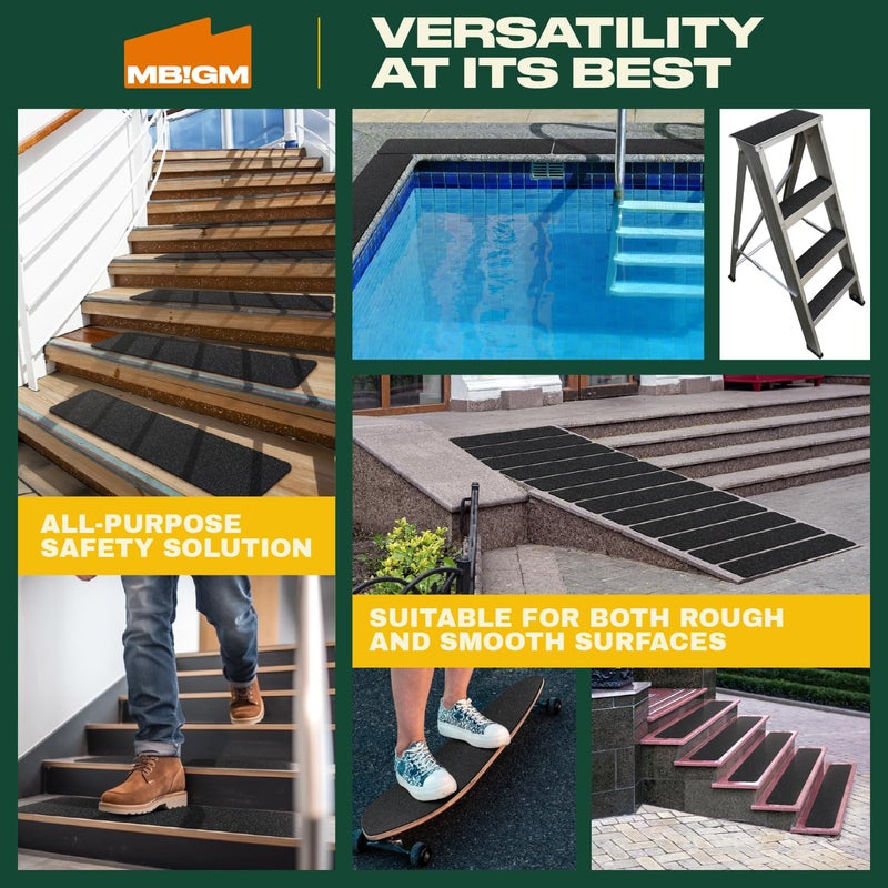 MBIGM 12-Pack 6" x 30" Pre-Cut Stair Treads, 80 Grit Non-Slip Outdoor Traction Tape, Heavy Duty Adhesive Anti-Slip Strips for Staircase & Deck Steps, Black - Image 5
